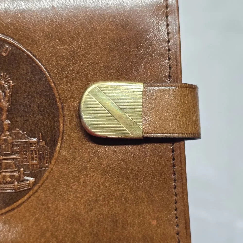 Vintage 50s Austrian Brown Leather Wallet LINZ DONAU Medallion Embossed
